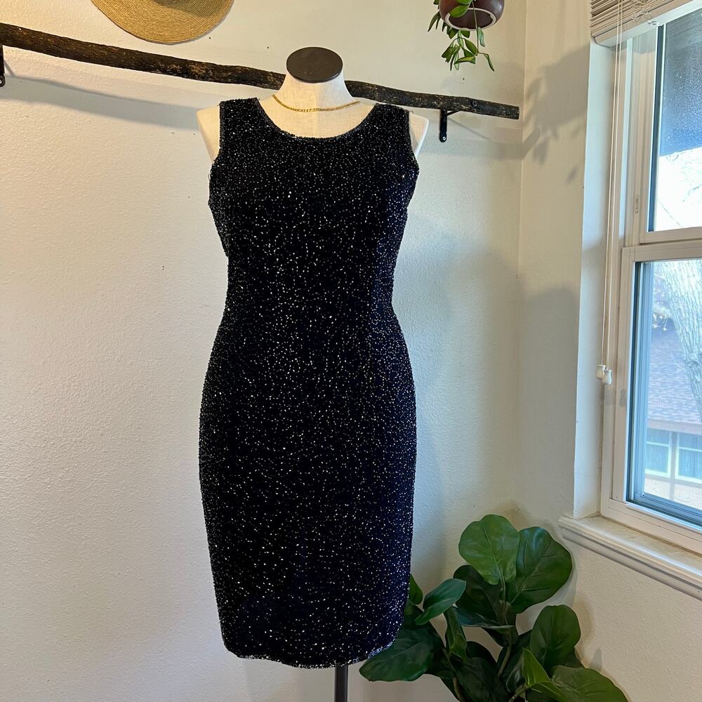 JMB Vintage Black Hand Beaded Sequin Sleeveless Knee Length Dress Size Large